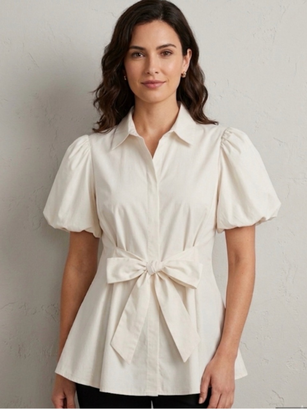 BCBG Max Azria Cream Puff Sleeve Tie Waist Peplum Blouse Small